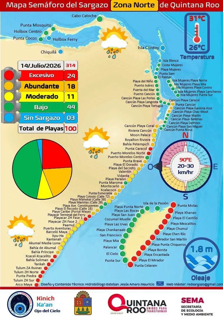 Mapa de la Riviera Maya mostrando niveles de sargazo